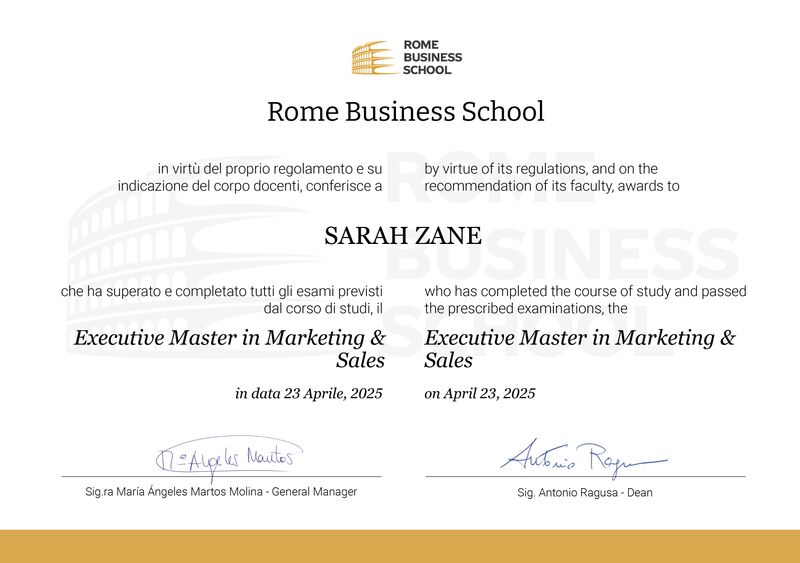 Certificato Executive Master in Marketing & Sales Rome Business School di Sarah Zane