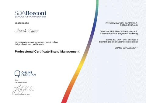 SDA Bocconi Professional Certificate in Brand Management awarded to Sarah Zane